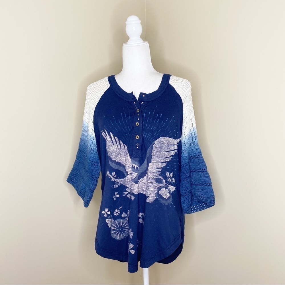 Free People Tranquility Graghic Crochet Sleeve Top - S